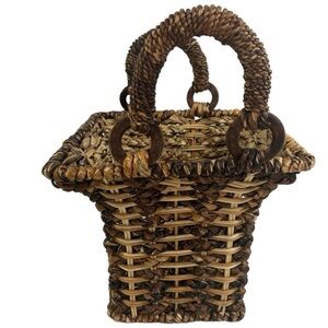 Vintage Woven Wood Basket with Handles Wood Ring Made in Philippines